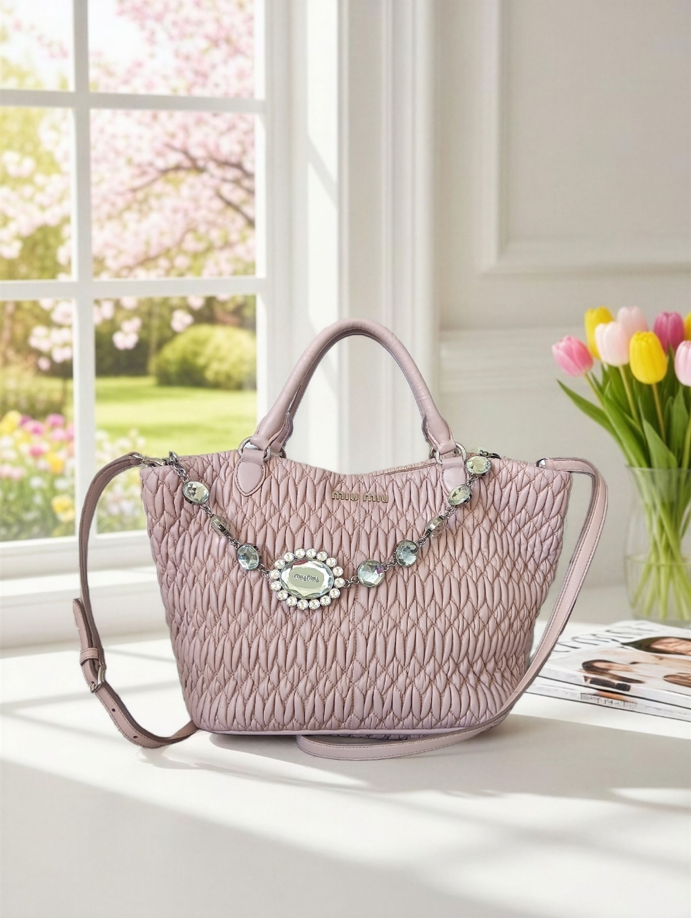 Miu Miu Nappa Matelassé Swarovski Crystal Tote Cammeo Pink EUC ✨
